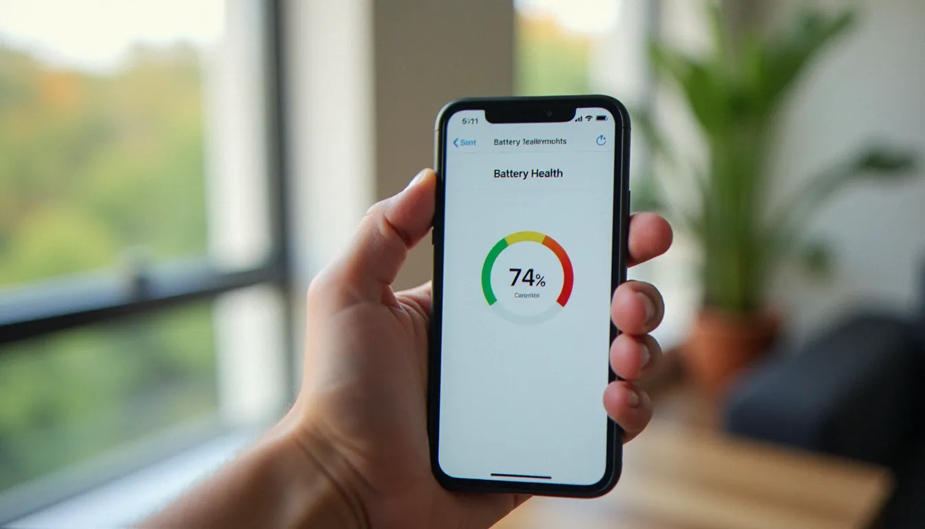 Écran d'iPhone affichant le menu État de la batterie iOS avec un pourcentage de capacité inférieur à 80 %, indiquant la nécessité d'un changement de batterie