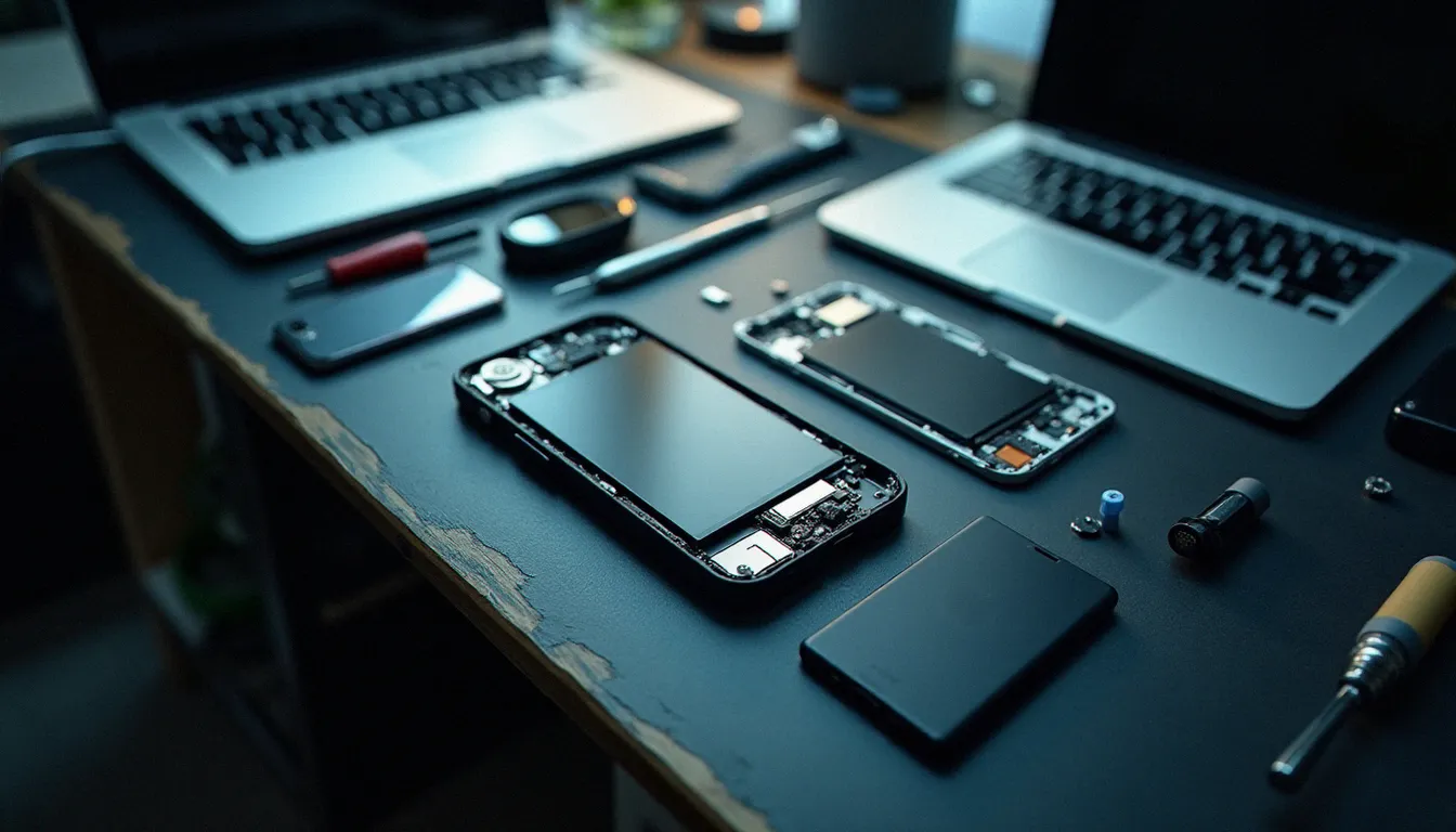 Vue aérienne d'un iPhone démonté sur un plan de travail d'atelier avec une batterie de remplacement neuve et les outils de technicien disposés autour de l'appareil