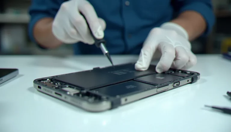 Technicien mobile effectuant un changement de batterie iPhone sur un établi professionnel blanc, outils de précision et cellule lithium-ion visibles