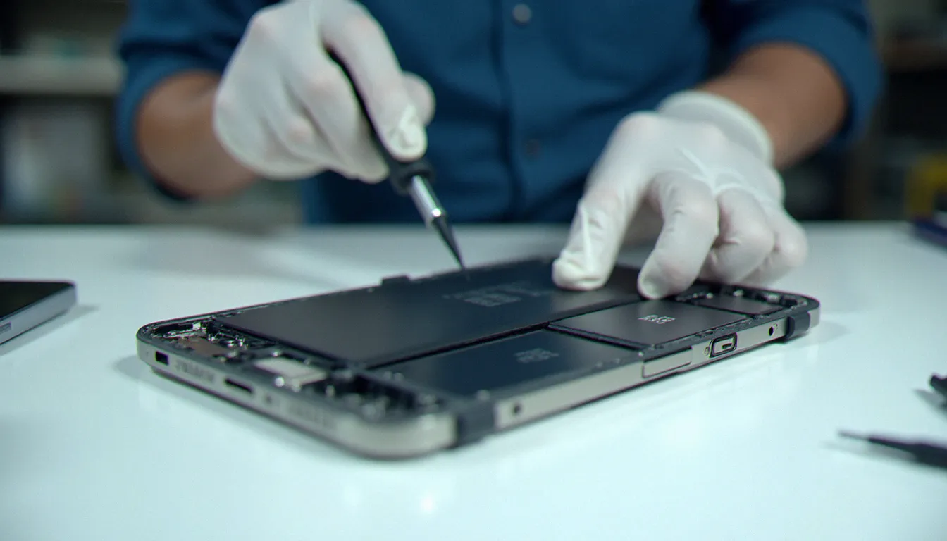 Technicien mobile effectuant un changement de batterie iPhone sur un établi professionnel blanc, outils de précision et cellule lithium-ion visibles