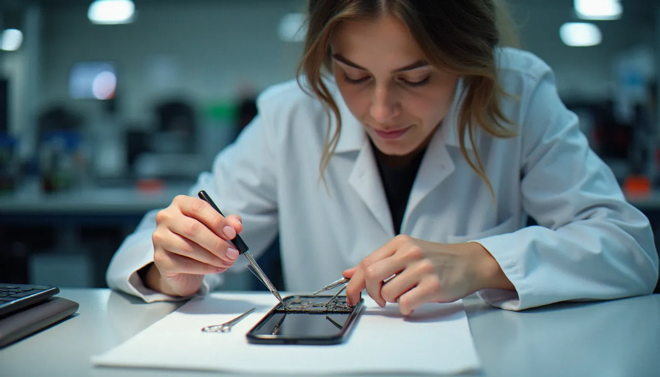Technicienne mobile procédant au changement de batterie d'un iPhone sur un établi professionnel, entourée d'outils de précision
