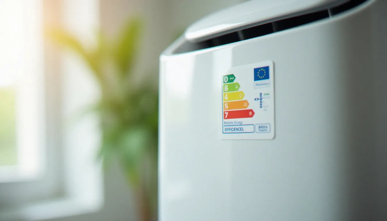 Étiquette énergie classe A++ sur un climatiseur mobile, critère déterminant pour identifier un appareil efficace et économique