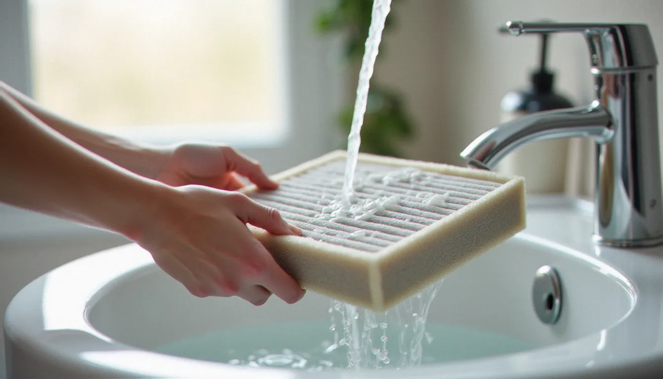 Nettoyage du filtre d'un climatiseur mobile sous l'eau pour maintenir son efficacité énergétique et ses performances de refroidissement