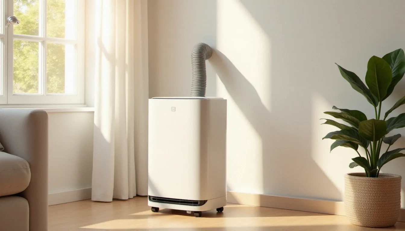 Climatiseur mobile efficace pas cher installé dans un salon d'appartement français avec tuyau d'évacuation orienté vers la fenêtre entrouverte