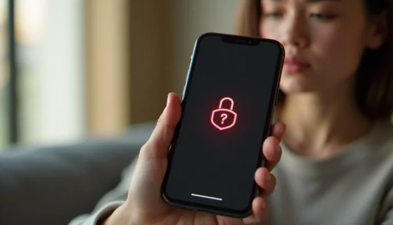 Un utilisateur tenant un iPhone avec l'écran de déverrouillage Face ID ne marche plus, affichant une icône de verrou rouge sur fond d'intérieur moderne