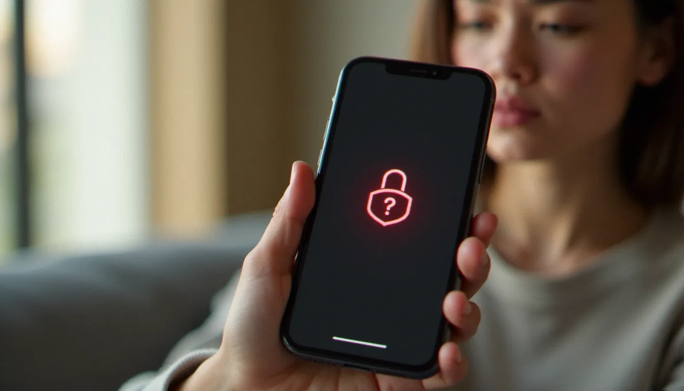 Un utilisateur tenant un iPhone avec l'écran de déverrouillage Face ID ne marche plus, affichant une icône de verrou rouge sur fond d'intérieur moderne