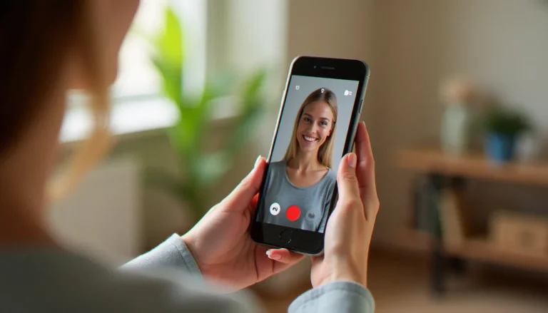 Appel FaceTime en cours sur un iPhone tenu dans les mains, interface vidéo Apple visible sur l'écran