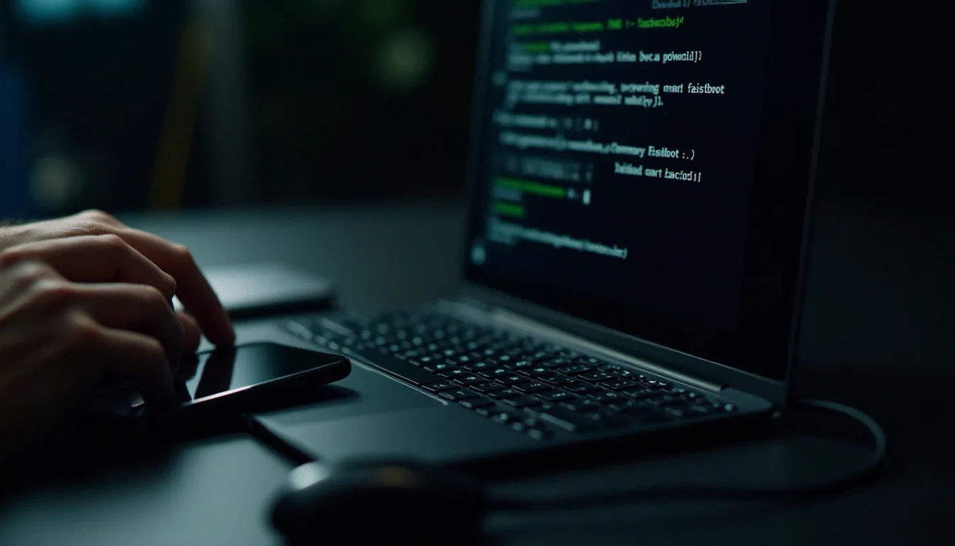 Un technicien connecte un smartphone Android à un ordinateur portable affichant un terminal fastboot en ligne de commande