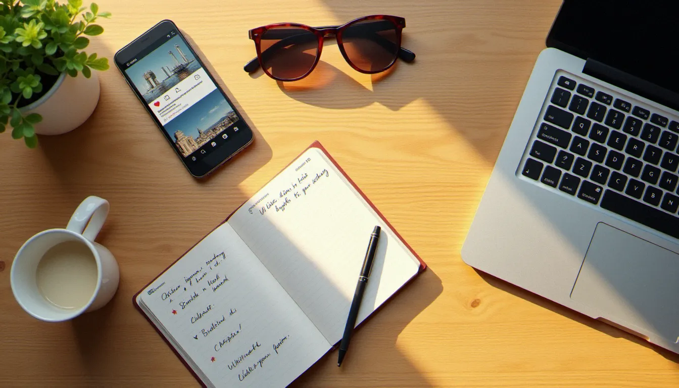 Bureau avec smartphone affichant un fil d'actualité social et ordinateur portable, représentant l'évolution stratégique des GAFAM dans le développement des réseaux sociaux comme Instagram