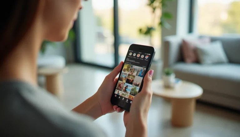 Smartphone affichant un réseau social de type galerie photo, illustrant l'omniprésence des plateformes GAFAM comme Instagram dans l'usage mobile quotidien