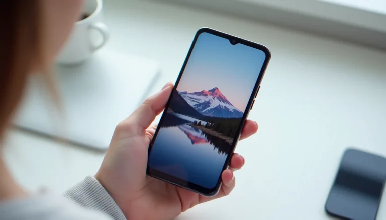 Honor 90 Lite tenu en main, son grand écran AMOLED de 6,7 pouces affichant une photo de paysage de montagne en haute résolution