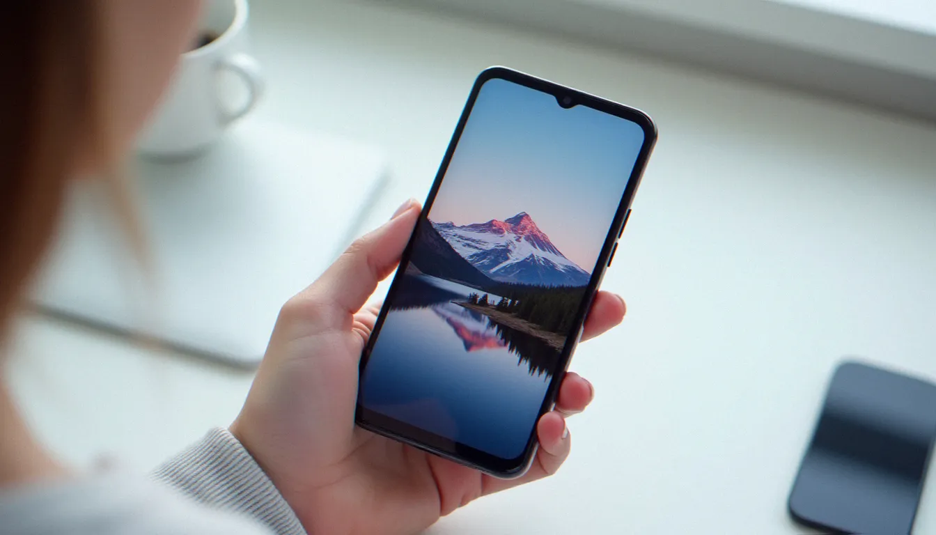 Honor 90 Lite tenu en main, son grand écran AMOLED de 6,7 pouces affichant une photo de paysage de montagne en haute résolution