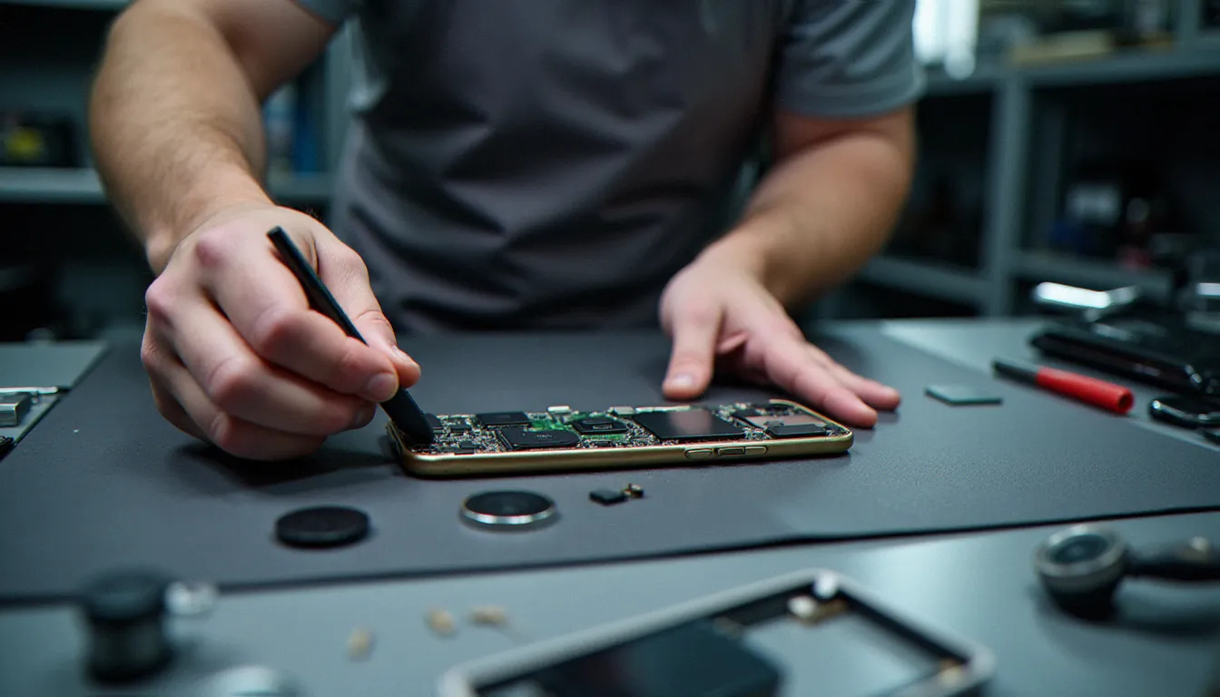Technicienne mobile examinant les composants internes d'un smartphone désassemblé sur un plan de travail d'atelier, illustrant la réparabilité du Honor Magic6 Lite