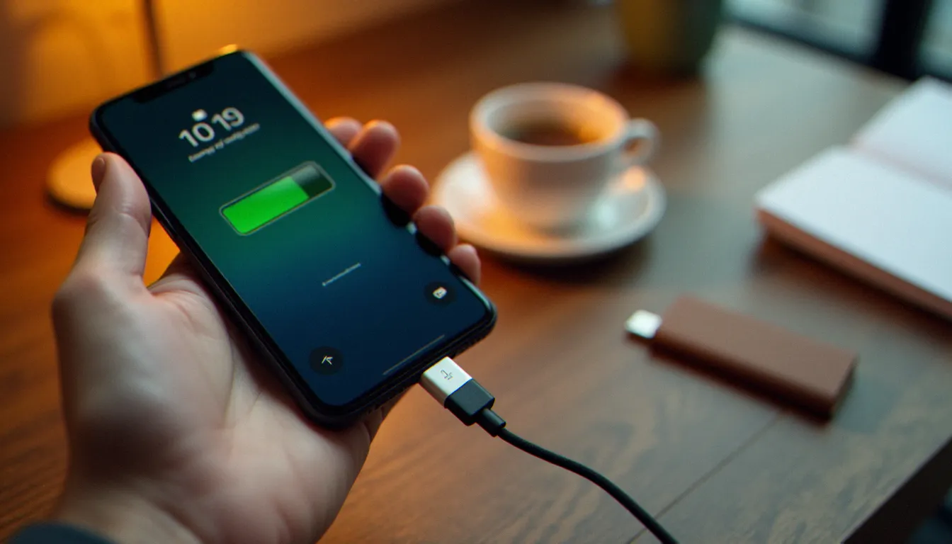 Main tenant un smartphone en cours de recharge via USB-C affichant un niveau de batterie élevé, illustrant l'autonomie et la recharge rapide du Honor Magic6 Lite