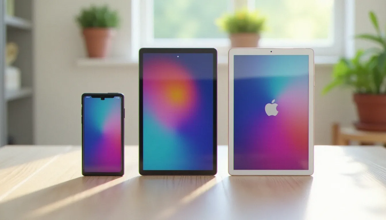 Trois tablettes Android posées côte à côte sur une table en bois clair, illustrant la comparaison entre le Honor Pad 9 et ses principaux concurrents du segment milieu de gamme