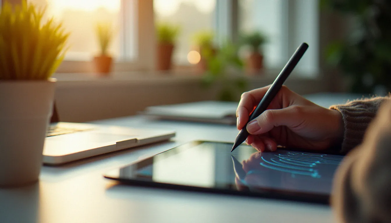Gros plan d'une main tenant un stylet sur l'écran d'une tablette grand format dans un bureau moderne lumineux, illustrant les capacités créatives et la qualité d'affichage de l'écran du Honor Pad 9