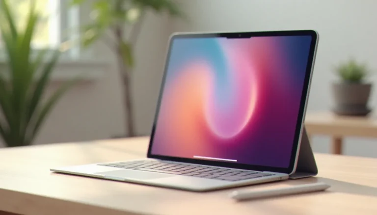 iPad 10.9 posé sur un bureau en bois clair avec un Apple Pencil à côté, éclairage naturel matinal doux, écran allumé