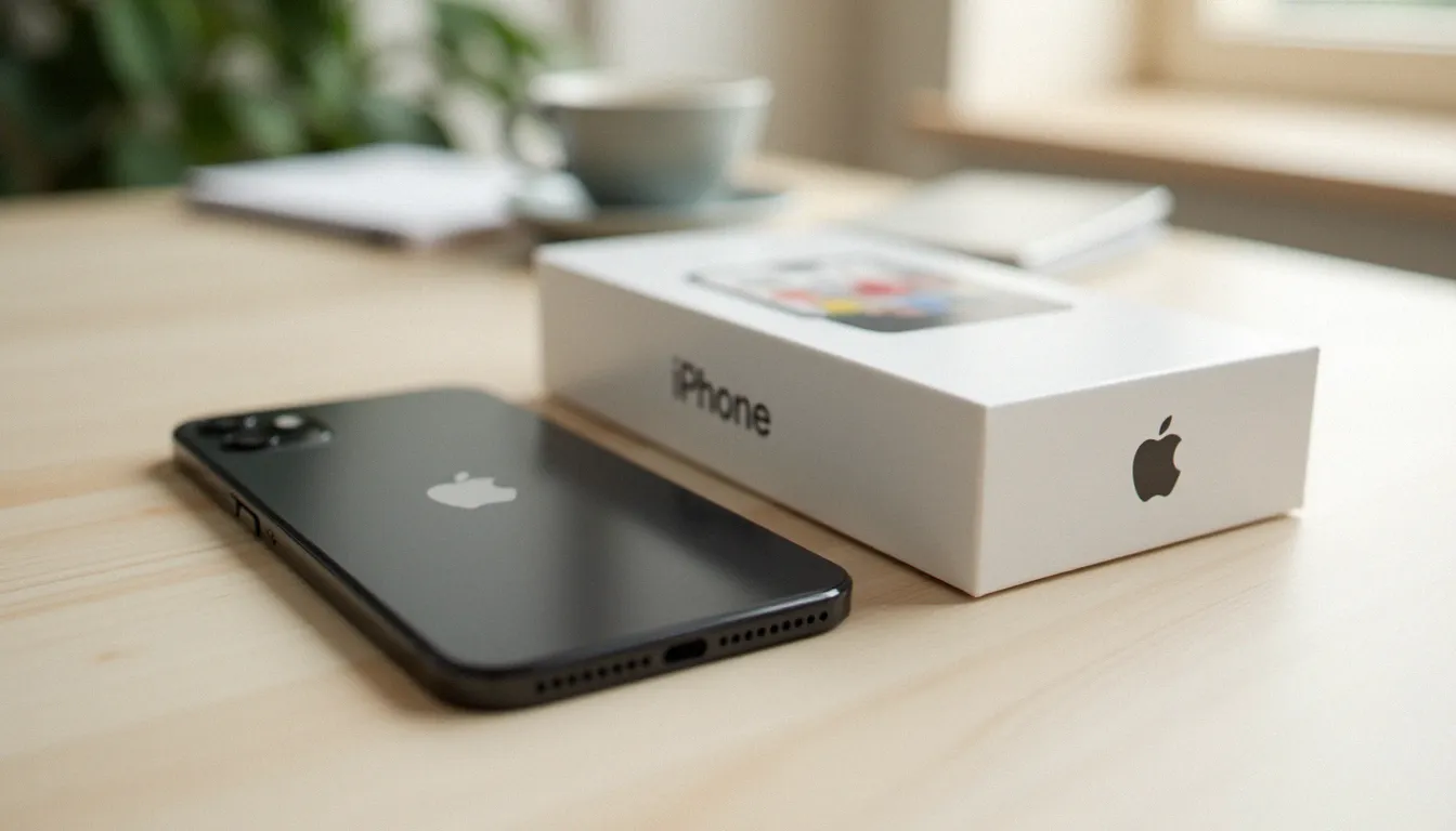 iPhone 11 noir posé à côté de sa boîte originale Apple sur un bureau en bois clair, illustrant les spécifications techniques du modèle