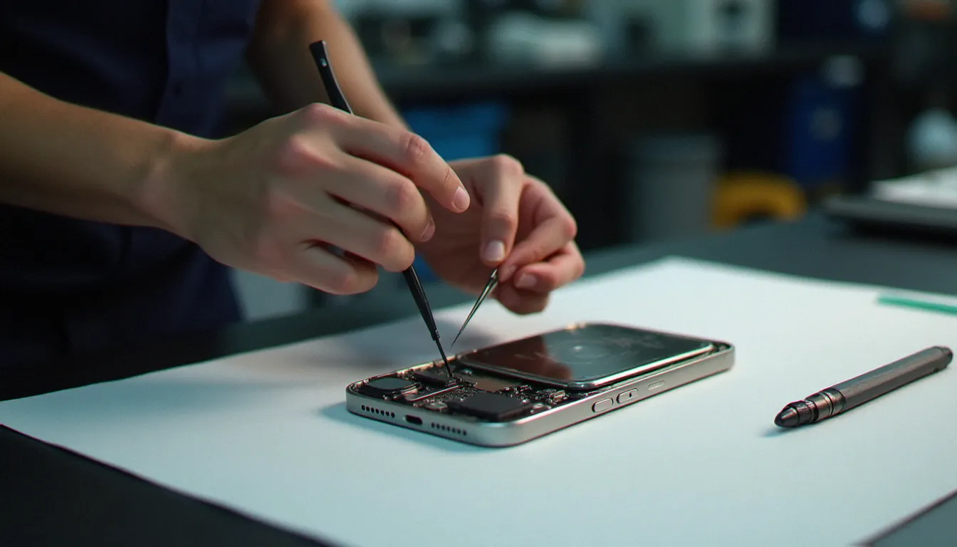 Technicienne mobile en atelier examinant les composants internes d'un iPhone 11 démonté avec des outils de précision