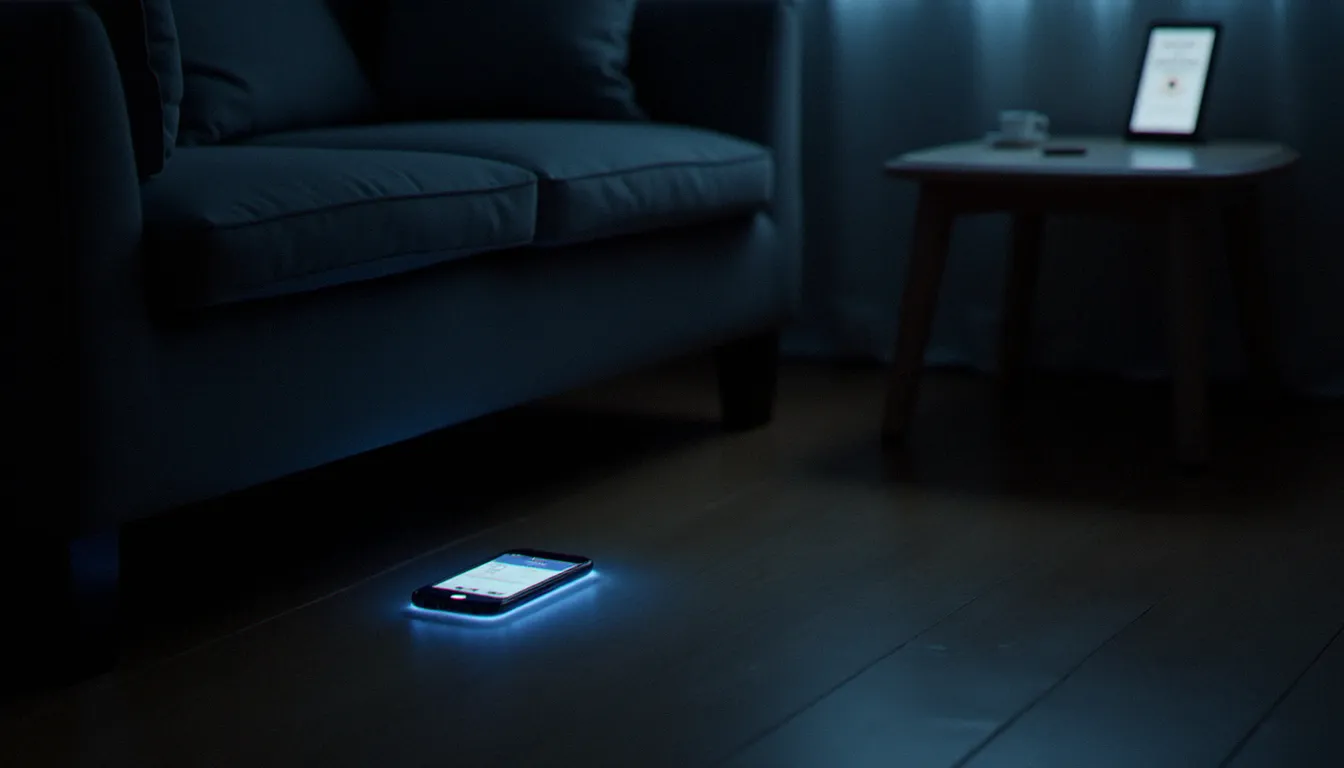 iPhone hors ligne glissé sous un canapé émettant un signal Bluetooth détecté par un autre appareil Apple à proximité, illustrant la localisation d'un iPhone éteint via le réseau Localiser