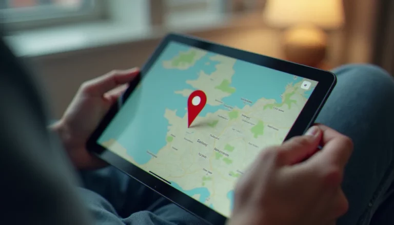 Mains tenant une tablette affichant la carte de localisation d'un iPhone perdu dans une ville française, illustrant comment localiser un iPhone perdu via iCloud