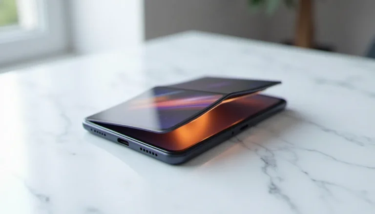 Smartphone pliable format clamshell semi-déplié sur bureau blanc illustrant le concept d'iPhone pliable attendu par Apple en 2026