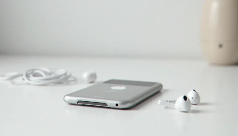 iPod Classic 7e génération en aluminium brossé posé sur un bureau blanc avec des écouteurs blancs à côté, roue clickwheel visible au centre de l'appareil