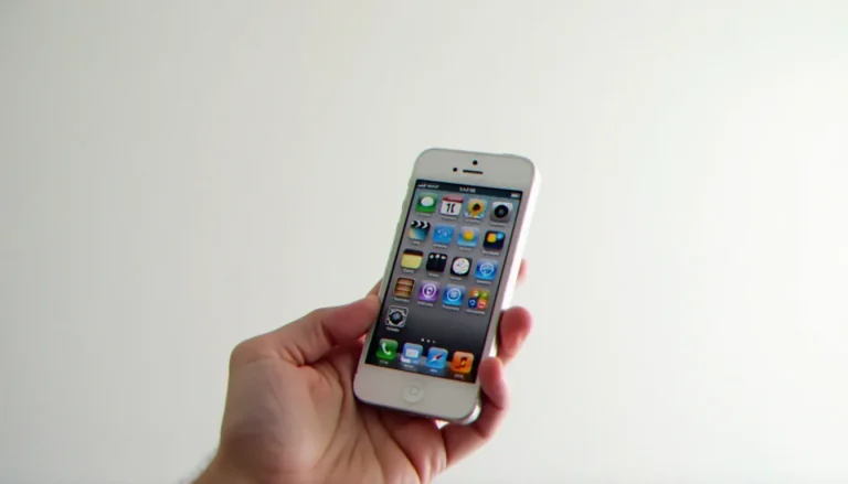 Vue de face de l'iPhone 3G, aussi appelé l'iPhone 2, tenu dans une main sur fond blanc avec l'interface iOS 2.0 visible à l'écran