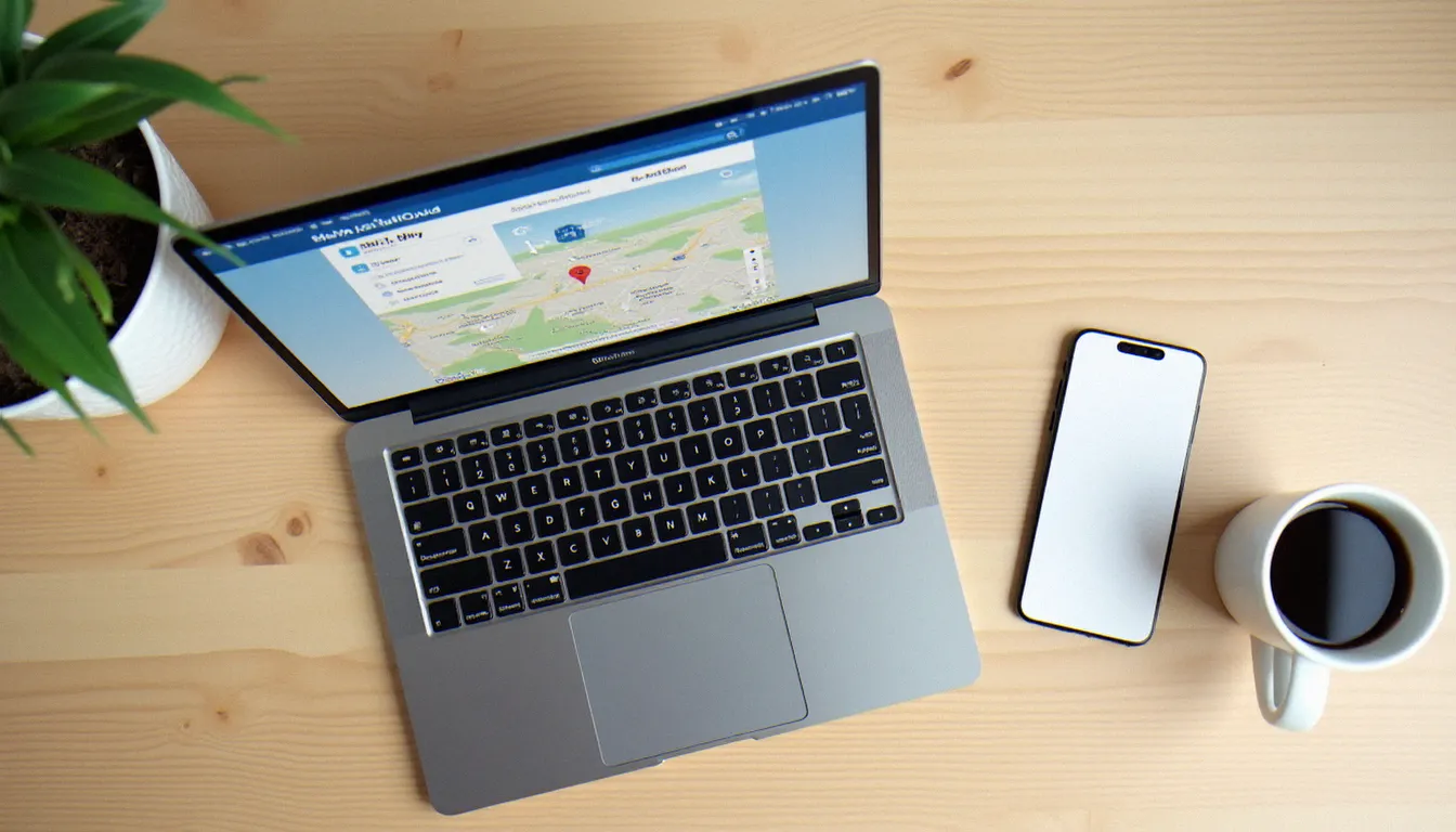 Ordinateur portable ouvert sur l'interface iCloud Localiser montrant la position d'un iPhone perdu sur une carte, posé sur un bureau en bois