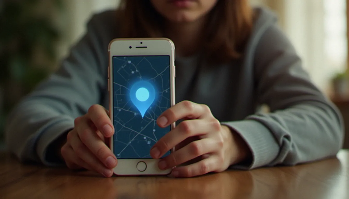 Personne tenant un iPhone affichant une carte de localisation pour retrouver un iPhone perdu, visage inquiet en arrière-plan flou