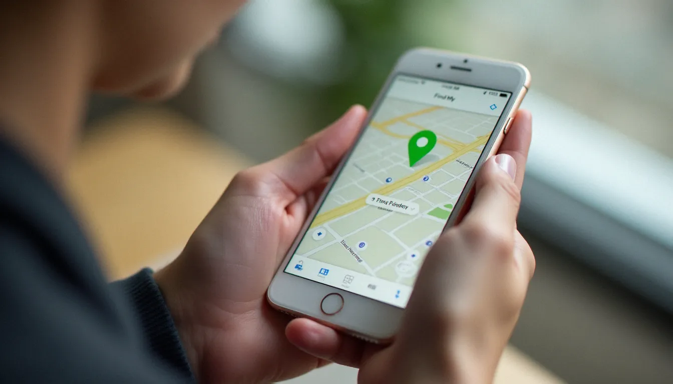 Gros plan sur un iPhone affichant l'interface iCloud Localiser avec une épingle verte sur la carte, montrant les étapes pour localiser un iPhone perdu