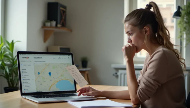 Une femme consultant la carte de localisation d'un iPhone perdu sur iCloud depuis un ordinateur portable, illustrant comment localiser un iPhone perdu