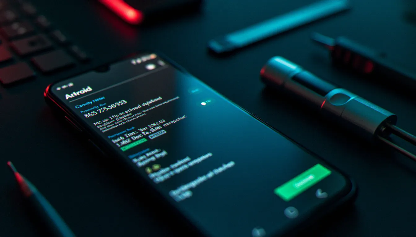 Smartphone Android affichant une interface de gestion root Magisk posé sur un bureau de technicien avec des outils de précision