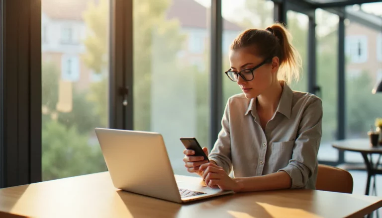 Femme comparant des offres de mobile avec forfait pas cher sur son ordinateur portable dans un appartement lumineux