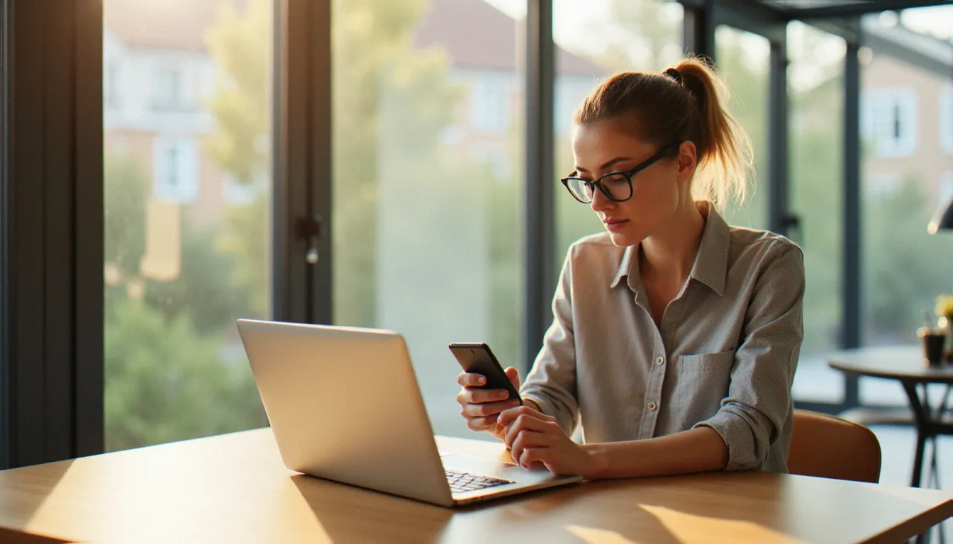 Femme comparant des offres de mobile avec forfait pas cher sur son ordinateur portable dans un appartement lumineux