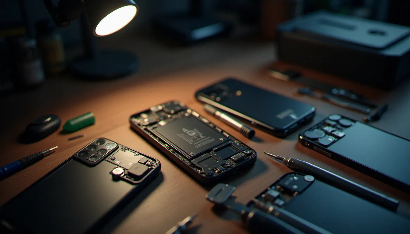 Démontage d'un smartphone sur un établi de réparation professionnelle, montrant les composants internes pour évaluer la réparabilité comme critère du rapport qualité prix d'un mobile