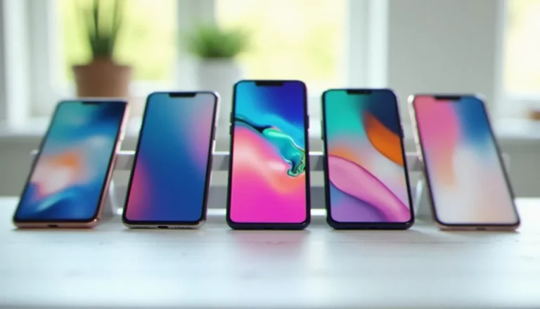 Cinq smartphones milieu de gamme disposés côte à côte sur un bureau blanc, illustrant une sélection de mobiles meilleur rapport qualité prix en 2026