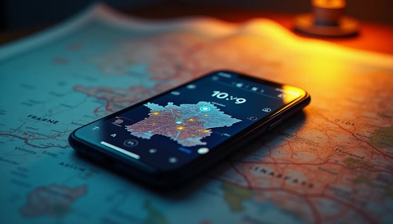 Smartphone affichant une carte de couverture réseau mobile posé sur une carte de France pour comparer les opérateurs sans engagement pas cher