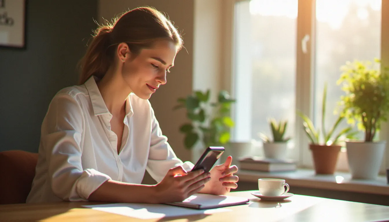 Une femme comparant des offres de forfait mobile sans engagement pas cher sur son smartphone dans un bureau lumineux à Grenoble