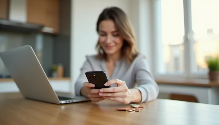 Une femme tenant un mobile sans forfait pas cher posé sur un bureau avec des cartes SIM visibles à côté, dans un appartement moderne lumineux