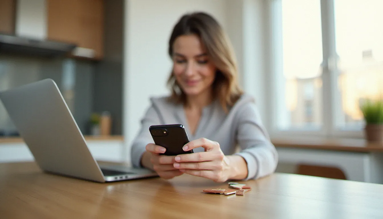 Une femme tenant un mobile sans forfait pas cher posé sur un bureau avec des cartes SIM visibles à côté, dans un appartement moderne lumineux