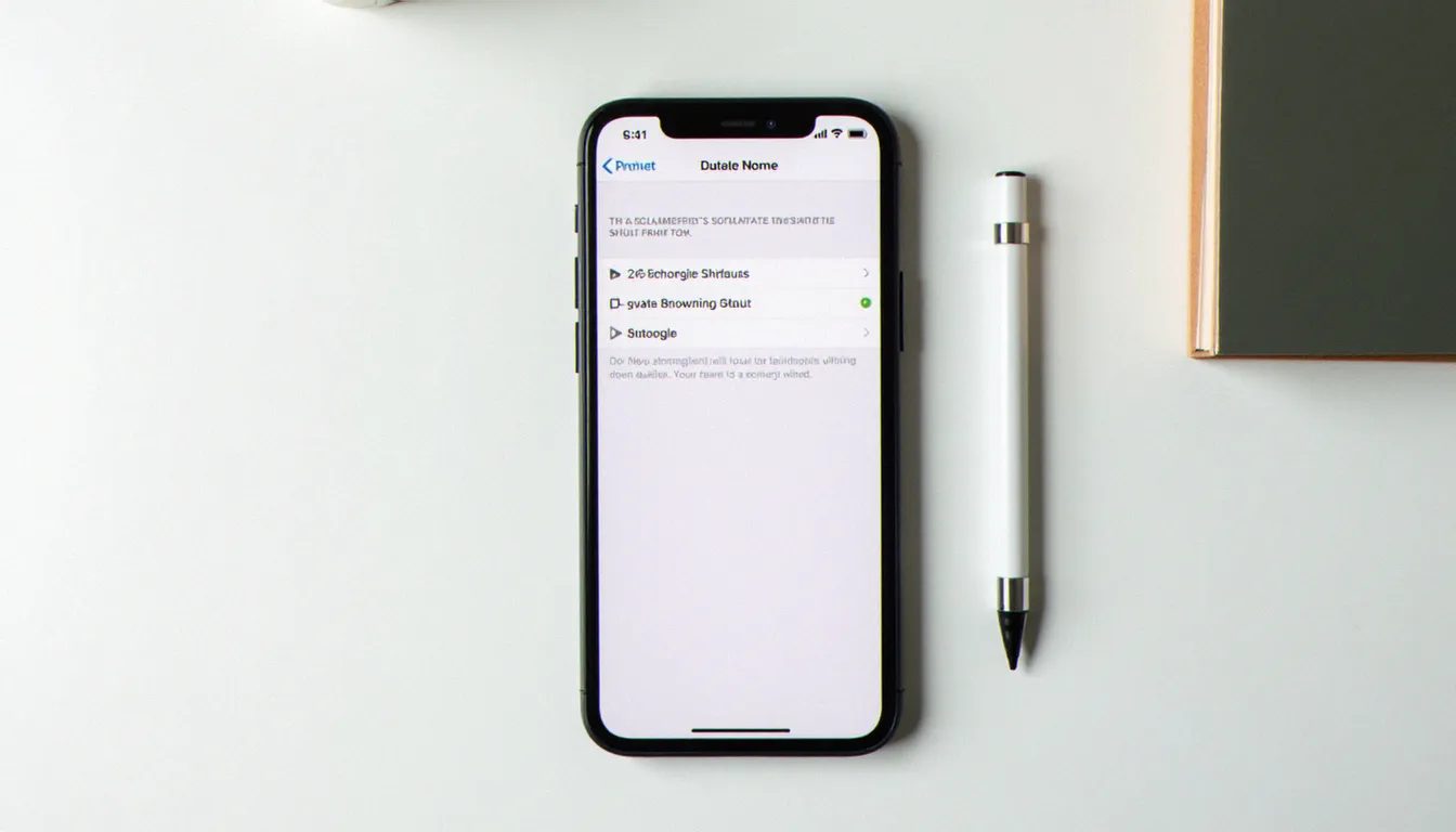 Vue de dessus d'un iPhone affichant le menu de sélection du mode de navigation privée dans Safari, posé sur un bureau blanc épuré