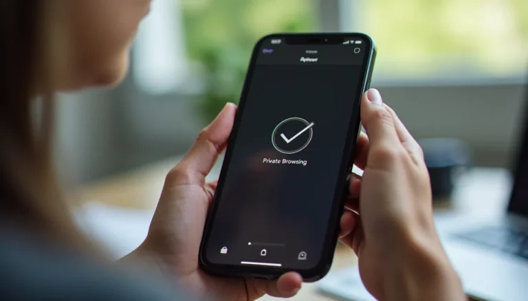 Mains tenant un iPhone avec Safari en mode navigation privée activé, interface sombre caractéristique du mode privé visible à l'écran