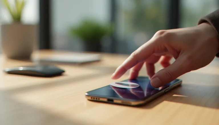 Main tenant un iPhone proche d'une étiquette NFC sur un bureau, illustrant l'utilisation du NFC on iOS au quotidien