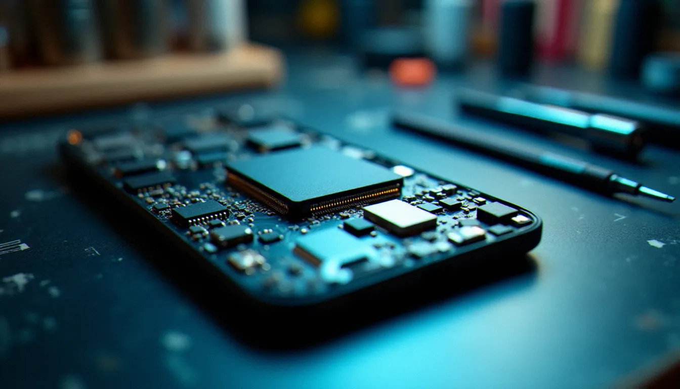 Antenne NFC visible sur la carte mère d'un smartphone démonté sur établi de technicien