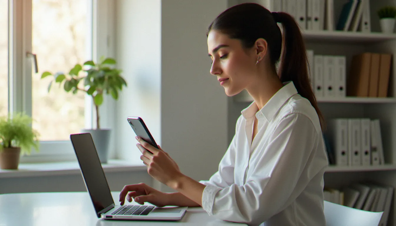 Femme en télétravail consultant les paramètres de son application de messagerie sur smartphone pour modifier sa photo de profil