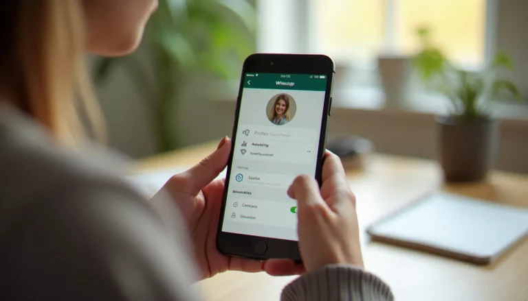 Mains tenant un smartphone affichant les paramètres de photo de profil WhatsApp, illustrant la configuration d'une photo de profil WhatsApp