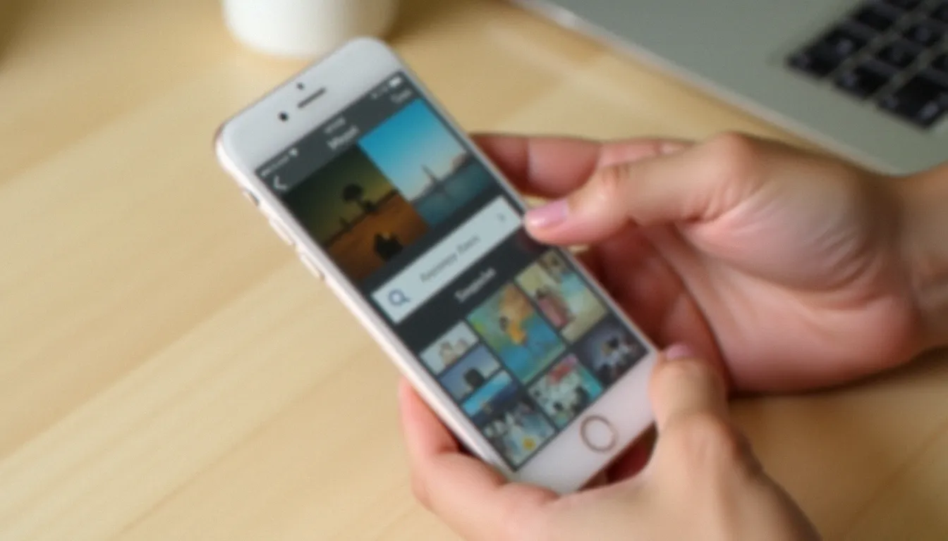 Mains tenant un smartphone avec une barre de recherche ouverte pour trouver un profil sur un outil comme picuki ig