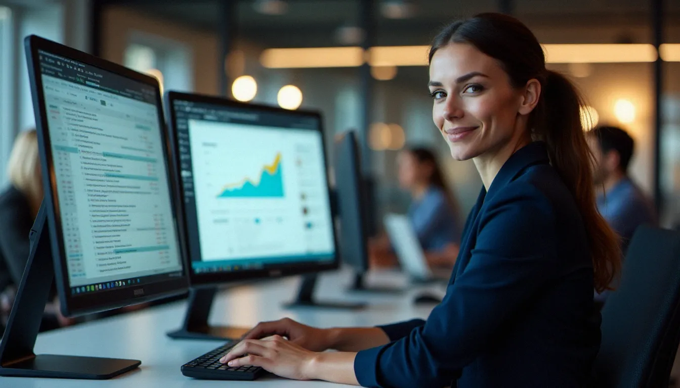Professionnelle effectuant une veille concurrentielle sur les réseaux sociaux en comparant différents outils comme picuki ig sur deux écrans de bureau
