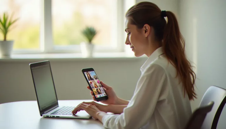 Une femme consultant picuki ig sur son smartphone pour naviguer anonymement sur des profils Instagram depuis un bureau lumineux